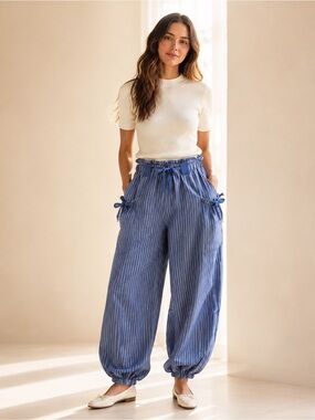 Very J Blue Stripe Drawstring Wide Leg Pants NWT #D12-D17